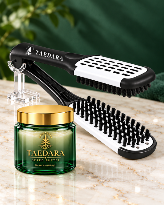 THE SOFTENING BUTTER & THE SMOOTHING TOOL — Beard Butter 4 oz + Dual-Sided Beard Brush