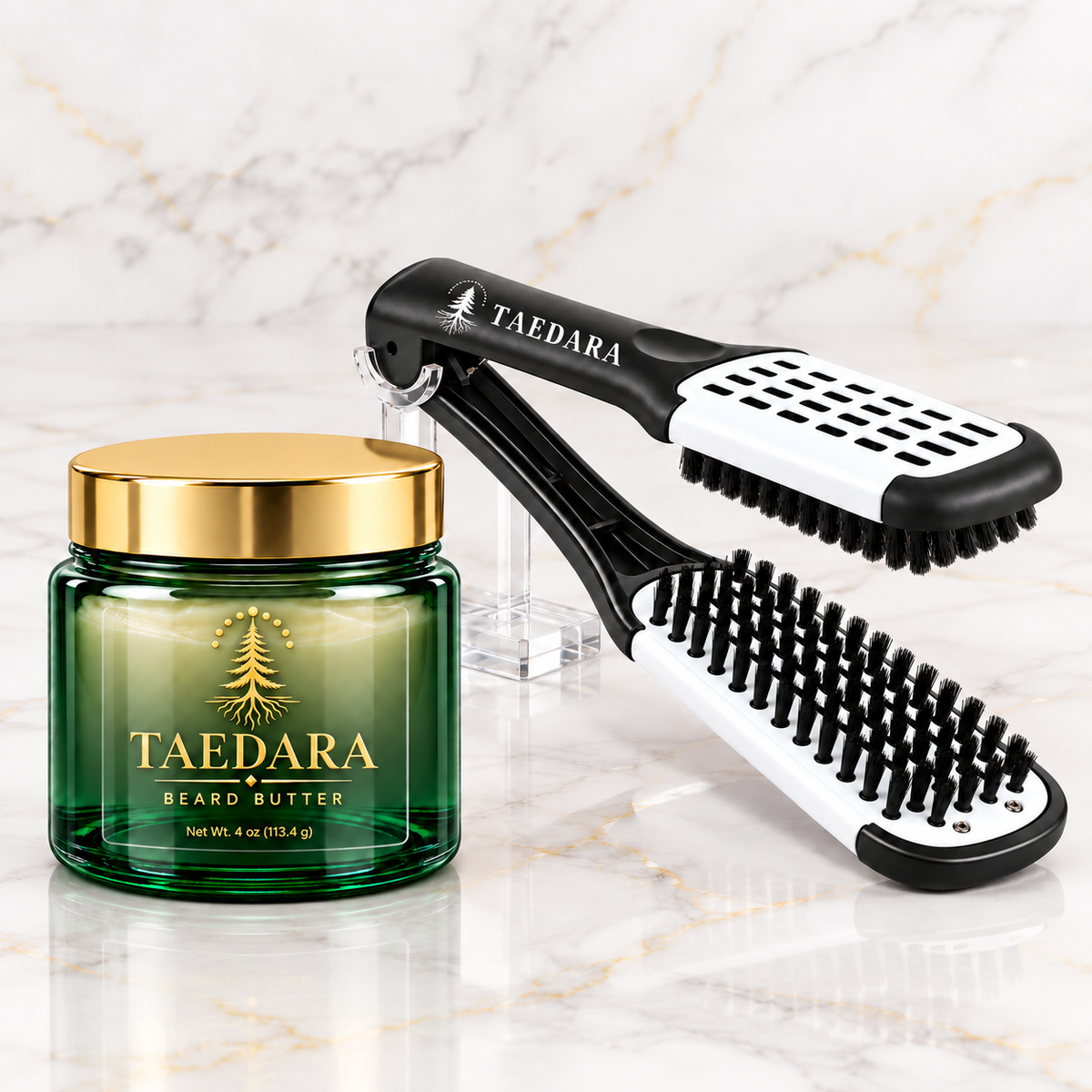 THE SOFTENING BUTTER & THE SMOOTHING TOOL — Beard Butter 4 oz + Dual-Sided Beard Brush